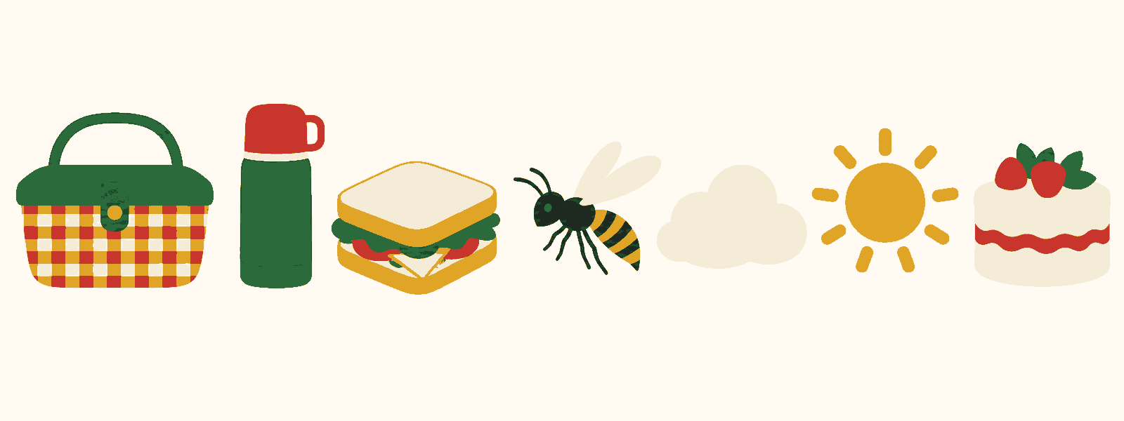 A picnic basket, flask, sandwich, wasp, cloud, sun and cake in a row