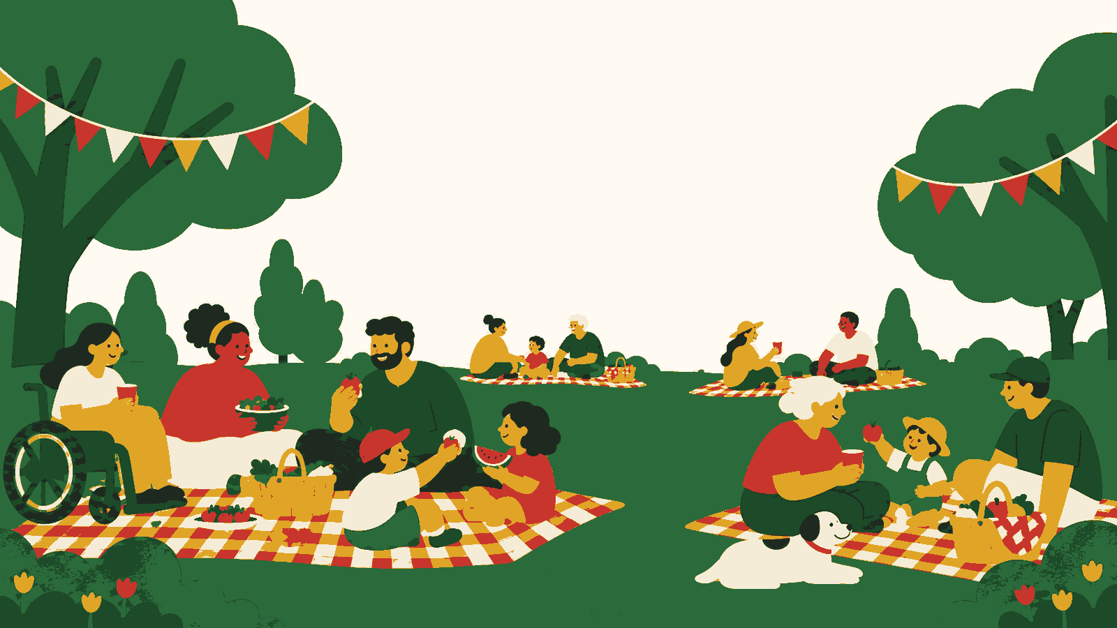 Families and friends picnicking on blankets in a park under bunting